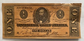 1864 Confederate States $1 Paper Currency Note, Featuring Portrait Of Clement Claiborne Clay