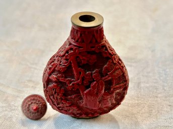 Vintage Chinese Export Carved Red   Cinnabar Snuff   Style Bottle W/ Chinese Markings