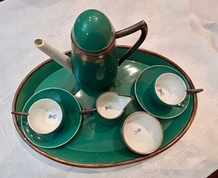 Vintage ' Meissen' Porcelain Tea Set-8 Piece W .800 Silver Trim & Makers Markings