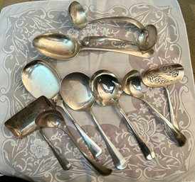 ANTIQUE  710 Grams TW. Of 10 Assorted Serving Pieces Sterling -Assorted Makers Marks