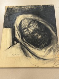 Vintage Or Antique Signed Charcoal Man With Eyes Closed