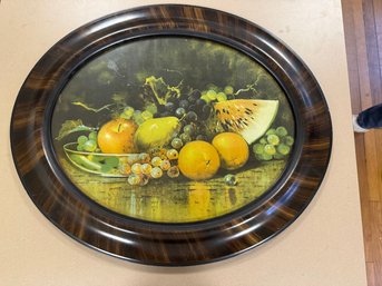 ANTIQUE Fruit Print In Oval BURL WOOD Frame