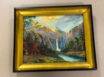 Vintage Waterfall Oil Painting, Signed WEISS, Gilt Frame