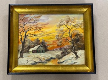 Vintage Winter Cottage Oil Painting, Signed WEISS, Gilt Frame