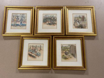Set Of 5 Farm Animals Prints, Framed