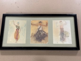VINTAGE ASIAN ORIGINAL ART- Framed Set Of 3 Dancers
