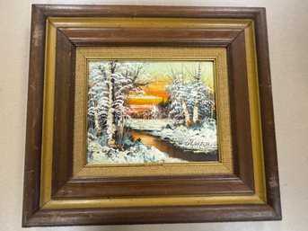Vintage Winter Sunset Oil Painting, Framed & Signed.