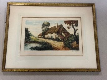 ANTIQUE Thatched Cottage Print, Signed.