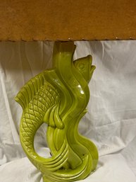 Vintage Mid Century Modern Ceramic Green Fish Lamp With Shade. Damaged Finial.