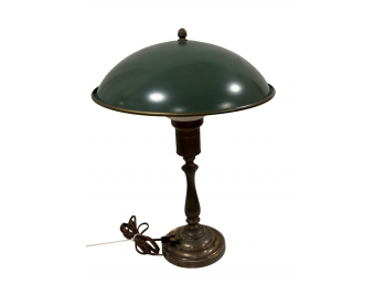 Vintage Brass Table Lamp  W/ Metal Green Shade