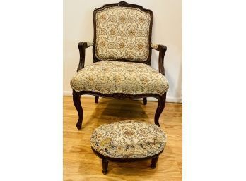 Vintage French Needlepoint Arm Chair With Foot Stool