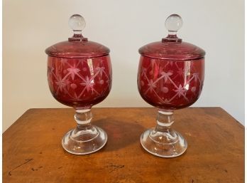 Antique Pair Of Cranberry Covered Glass Pedestal  Jars