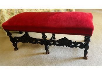 Antique Red Fabric And Antique Nail Head Wood  Bench  45 Long!