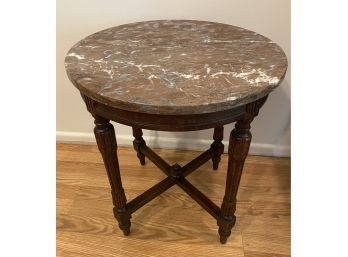 Antique Carved Wood Round Marble Top Table