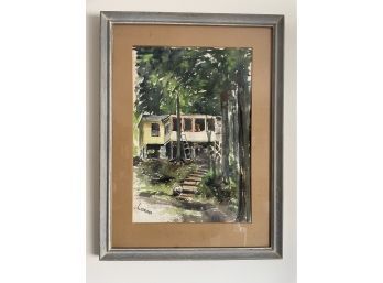 Vintage Signed House In Woods Water Color Painting