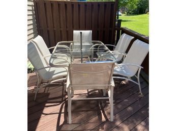 'WINSTON DESIGNS'   USA- Outdoor Glass Top Table W/ 6 Chairs & Umbrella   & Stand!