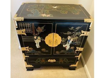 Vintage Asian Black Hand-Painted Small Chest W/Mother Of Pearl Figures