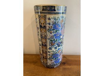 Vintage Porcelain Tall Chinese Umbrella Stand W/ Blue Tones Of Hand Painted Flowers!