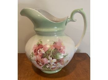 Antique European Hand-Painted Green Floral Pitcher W/ Antique Markings