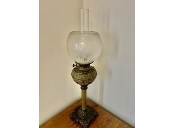 Antique Etched Glass & Spelter Table Lamp