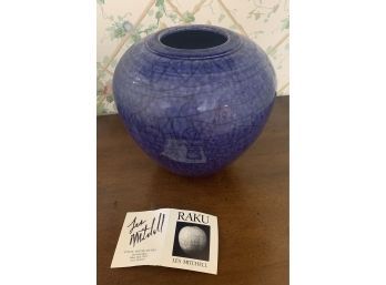 Vintage Signed Raku Blue Vase W/ COA
