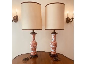 Vintage Matched Pair Of   Porcelain Asian Table   Lamps W/ Shades