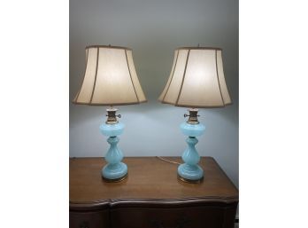 Antique  Victorian  Converted  To Electric Turquoise Glass Lamps W/ Shades