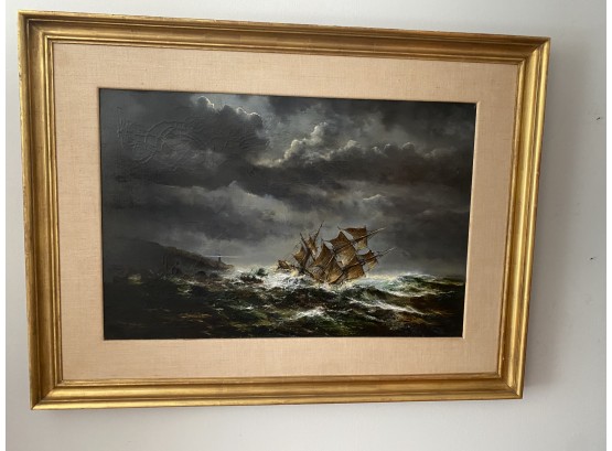 Antique Original   High Quality   Oil Painting 'Ship At High Seas'- Professionally Framed