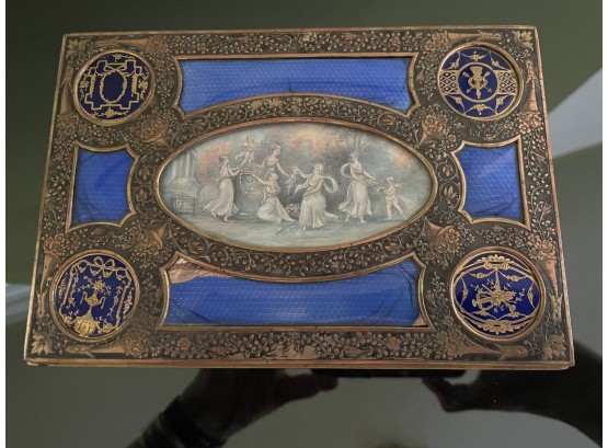 Antique French Silver Signed Dresser Box W/   Raised Bronze Panels W / Guilloche Enamel   Inserts-Victorian