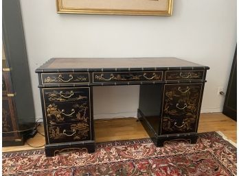 Vintage 'Drexel' Asian Hand-Painted Chinoiserie   Leather Top Desk