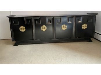 Antique Black Lacquer Asian Style Long Dresser With Original Brass Decorative Hardware