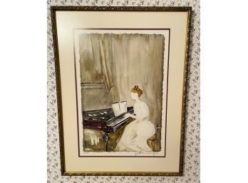 Vintage Artist Signed L/E Lithograph Faceless Lady Playing Piano