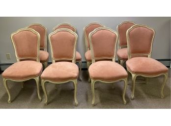 Vintage Collection Of Eight Side Chairs-Off White Carved Wood Frames With Peach Velvet Custom Fabric