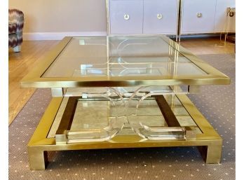 Contemporary Modern Designer Highly Polished Goldtone  Brass & Lucite Coffee Table