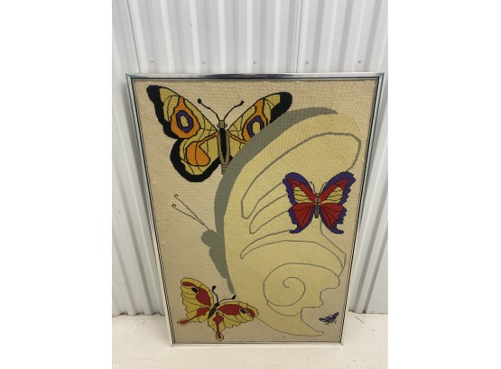 Mid-Century Modern Art-Textile Needlepoint Framed Art- Butterflies