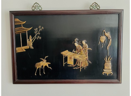 Vintage Chinese Wood Plaque  Scene   With Two Ladies Standing At Desk -Raised Relief Details        2 Of 2