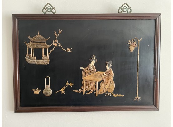 Vintage Chinese Wood Plaque   Scene   With Two Ladies Writing 1 Of 2