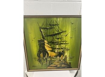 Mid-Century Modern Signed ' Stevens' Original Oil Painting - Modernist   Ship Scene