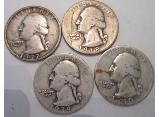 LOT 4 COINS: 1937S, 38, 39, 40 Authentic WASHINGTON Quarters $.25 United States