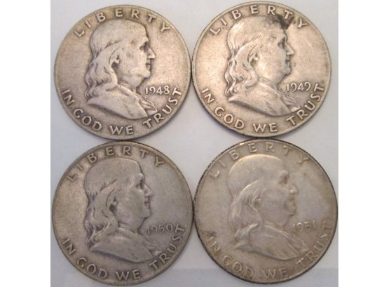LOT 4 COINS: 1948-D, 49-D, 50-D, 51 Authentic FRANKLIN HALF DOLLARS $.50 United States