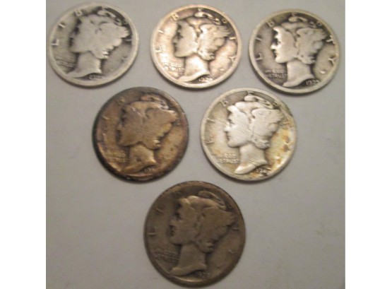 LOT 6 COINS: 1923, 24, 25, 26, 27, 28-S Authentic MERCURY DIMES $.10 United States