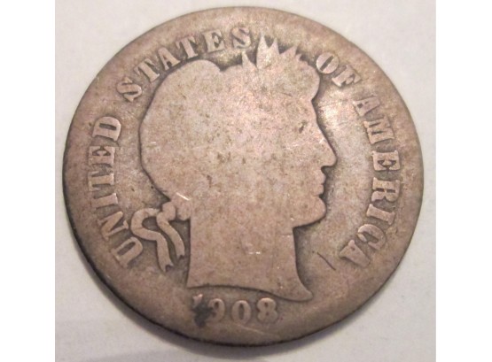 1908-O Authentic BARBER DIME $.10 United States