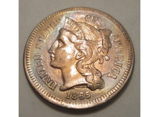 1865  Authentic LIBERTY NICKEL III THREE CENT $.03 United States