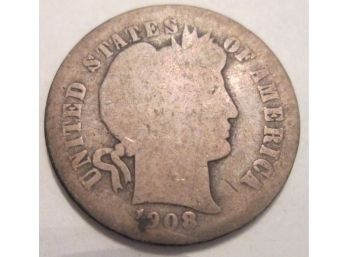 1908-O Authentic BARBER DIME $.10 United States