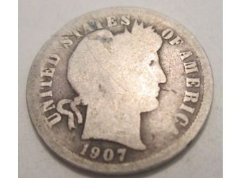 1907 Authentic BARBER DIME $.10 United States