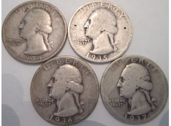 LOT 4 COINS: 1934, 35, 36, 37 Authentic WASHINGTON Quarters $.25 United States