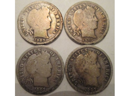 SET 1907, 1907D, 1907O & 1907S Authentic BARBER DIMES $.10 United States