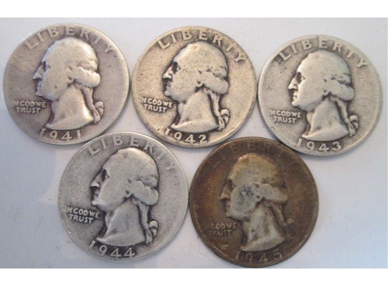 LOT 5 COINS: 1941, 42, 43, 44 & 1945 Authentic WASHINGTON Quarters $.25 United States