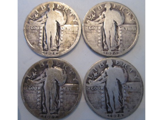SET 4 COINS: 1925, 26, 27 & 28 Authentic STANDING LIBERTY Quarters $.25 United States