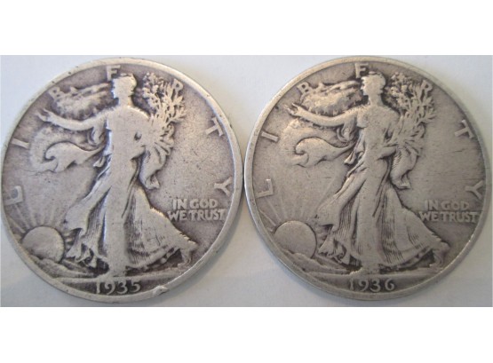 SET 1935 P & 1936 P Authentic WALKING LIBERTY Half Dollar $.50 United States